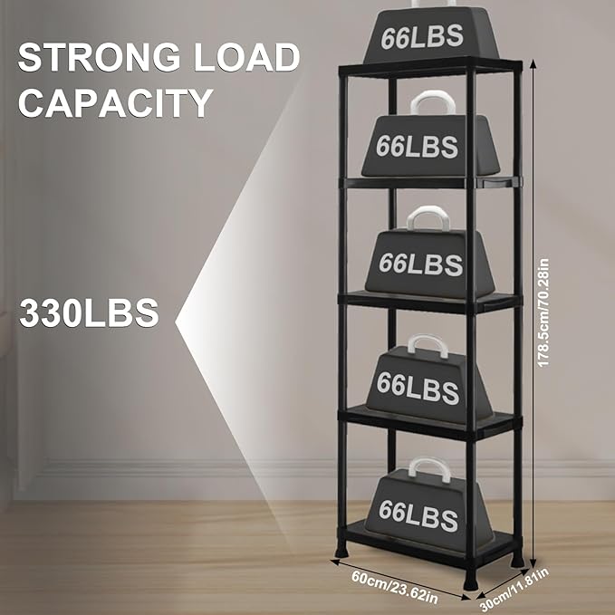 Plastic Storage Shelves, 70.2" H x 11.8" D x 23.62" W Plastic Shelves for Storage, 5-Tier Shelving Unit, Storage Rack, 330 lbs, Bathroom, Laundry, Garage & Home - Image 3