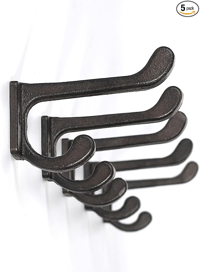 Ambipolar 5 Pack Decorative Cast Iron Heavy Duty Double Hooks, Wall Mounted by Ambipolar