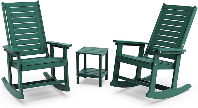 GREENVINES Outdoor Rocking Chair Set | 3-Piece | 2 Rocking Chairs with 1 Side Table | Porch Rocker | HDPE Plastic | Forest | Patio Furniture Sets | High Back | Big & Tall | Ladder Back by GreenVines
