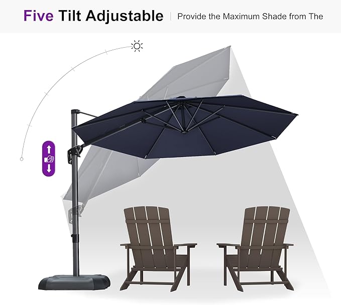 PURPLE LEAF 10 Feet Patio Umbrella With Base Outdoor Cantilever Round Aluminum Offset With 360-Degree Rotation for Deck Garden Pool Navy Blue - Image 8