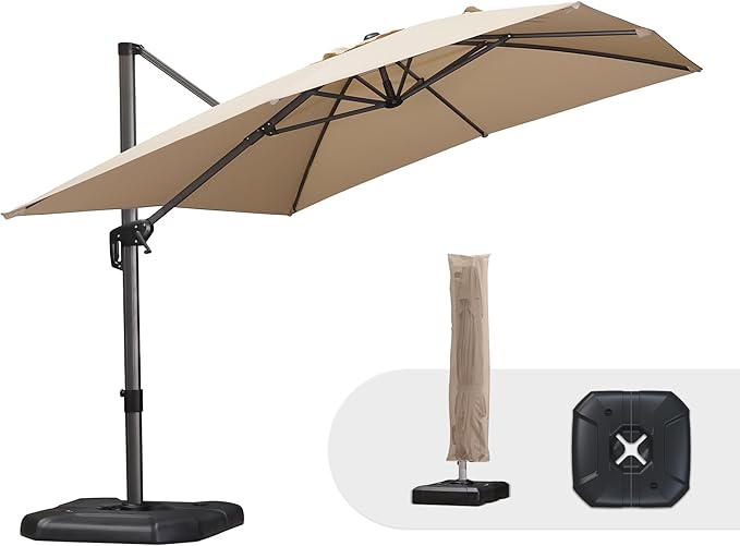 PURPLE LEAF 9'×11.5' Cantilever Patio Umbrella with Base Rectangle Offset Outdoor Umbrella Cover with Zipper for Garden Deck Pool Beige by PURPLELEAF