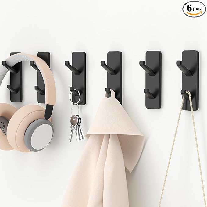 Black 6 Pack Aluminum Coat Hooks, Heavy Duty Self Adhesive Hooks by susswiff