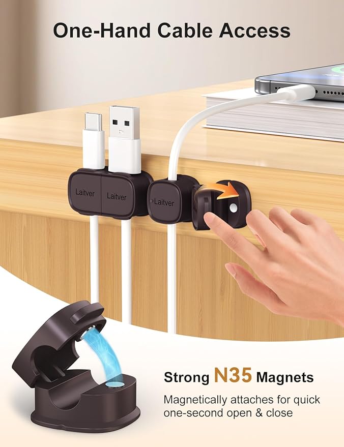 6 Pack Magnetic Cable Clips, Laitver Cord Organizer Holder Strong Adhesive Desk - Image 4
