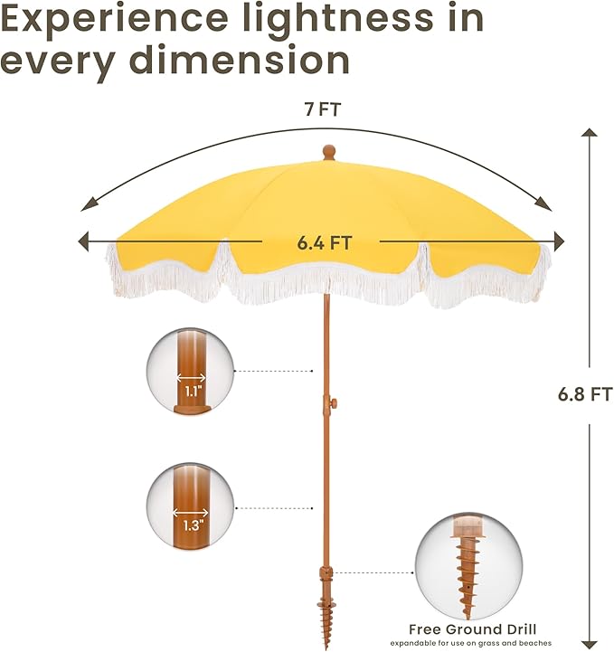 PHI VILLA 7ft Beach Umbrella with Fringe & Sand Anchor, Outdoor Patio Heavy Duty Windproof Portable Tassel Umbrellas for Sand with Push Button Tilt & Carrying Bag, UPF 50+, Yellow - Image 6