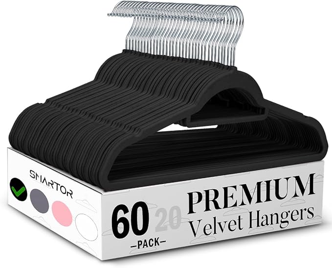 Smartor Black Velvet Hangers 60 Pack, Space Saving Clothes Hangers by Smartor