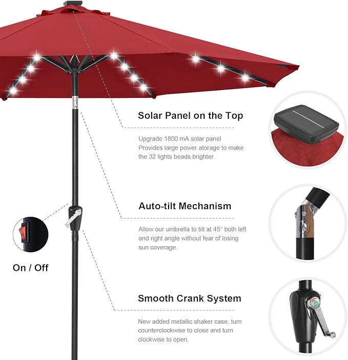ABCCANOPY Durable Solar Led Patio Umbrellas with 32LED Lights 11FT (Wine Red) - Image 6