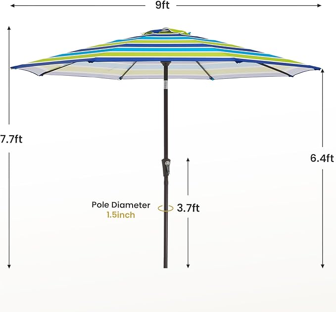 MEWAY 9ft Patio Umbrella Outdoor Table Umbrellas with Push Button Tilt and Crank, Market Umbrella 8 Sturdy Ribs for Deck, Garden, Pool and Backyard, Blue-Green Stripe - Image 7