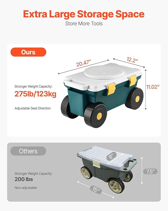 VEVOR Garden Scooter with Seat, 2 in 1 Rolling Garden Cart with Storage Bin, Supports up to 227 lbs, Outdoor Wagon with Handle, Lightweight Storage Gardening Stool for Yard Weeding Planting - Image 4