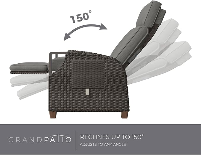 Grand patio Outdoor Recliner Air Pump 150° Lay Flat Reclining Chair with Independent Adjustable Back and Footrest Removable Olefin Cushion Flip-Up Table Wicker Grey 2PCS - Image 4