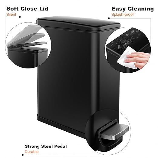 Slim Bathroom Trash Can with Lid Soft Close, 2.6 Gallon Stainless Steel Garbage - Image 7