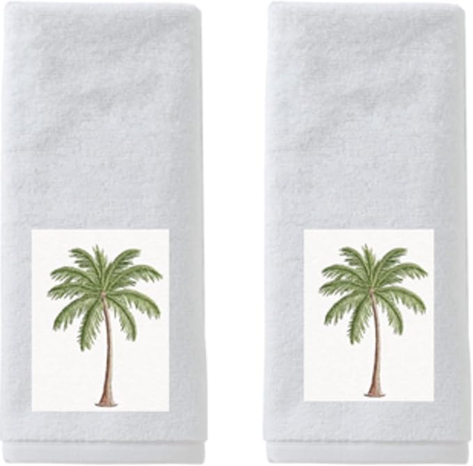 2 Pcs Palm Tree Hand Towels White-Green Bathroom Decor 14x29 Inch Embroidered by SmoothNovelty