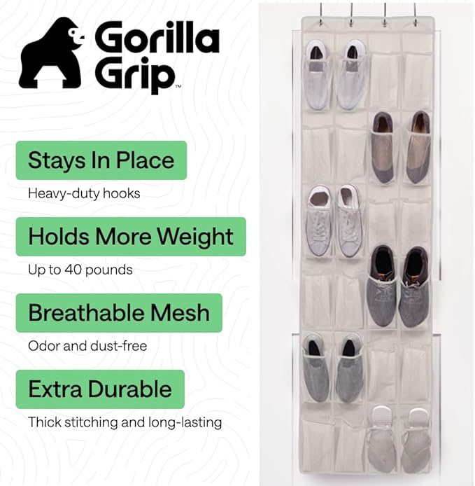 GORILLA GRIP Over the Door Shoe Organizer, 24 Large Breathable Mesh Pockets - Image 2