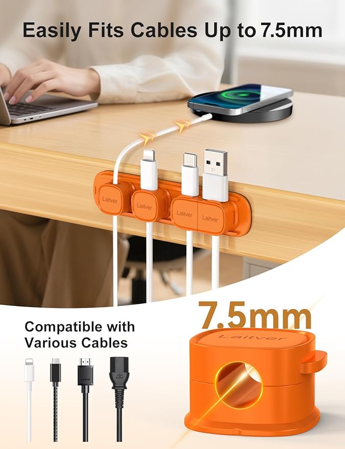 6 Pack Magnetic Cable Clips, Laitver Cord Organizer Holder Strong Adhesive Desk - Image 7