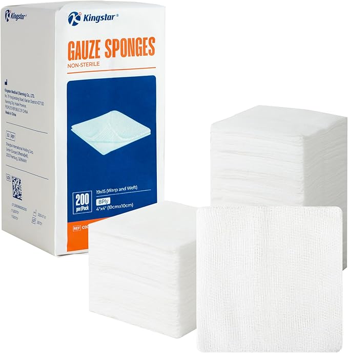 200 Pack 4x4 Inch Gauze Sponges 8-Ply, 100% Cotton Large Gauze Pads by Kingstar