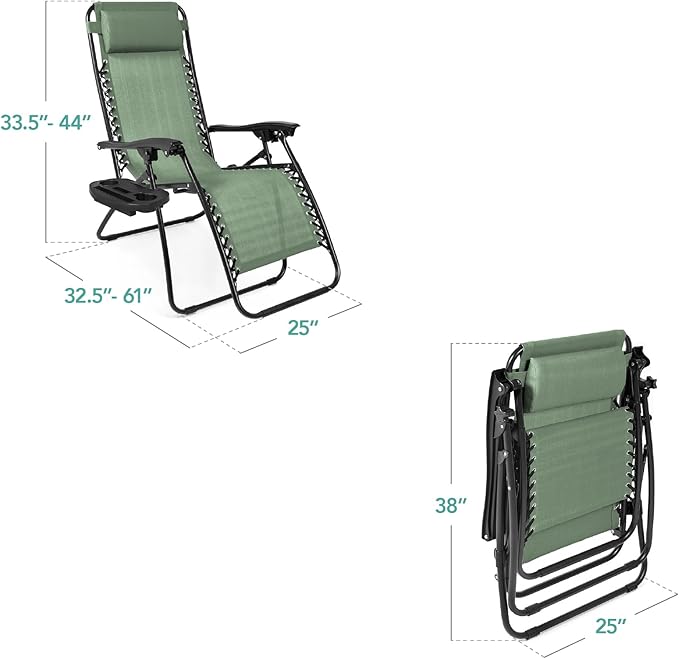 Best Choice Products Set of 2 Adjustable Steel Mesh Zero Gravity Lounge Chair Recliners w/Pillows and Cup Holder Trays - Sage Green - Image 3