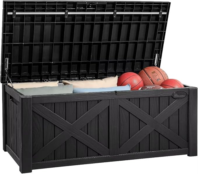 YITAHOME 150 Gallon Large Deck Box with X-Shaped Front, Resin Outdoor Storage Boxes, Waterproof Cushion Storage Bench for Patio, Pool Supplies, Garden Tools - Lockable, Black by YITAHOME