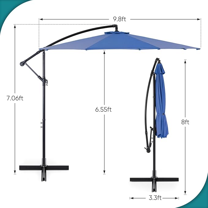 OLIXIS 10FT Offset Patio Umbrella, Cantilever Table Umbrellas for Outdoor Sun Shade UV Protection with Easy Tilt Adjustment, 8 Ribs for Backyard, Lawn, Garden, Pool - Blue - Image 5