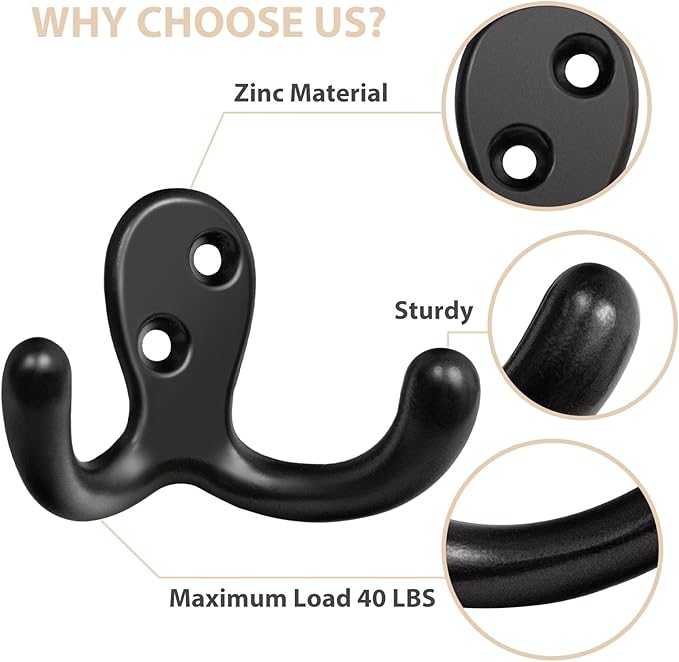 54 Pack Coat Hooks, Heavy Duty Double Prong Coat Hooks Wall Mounted - Image 4