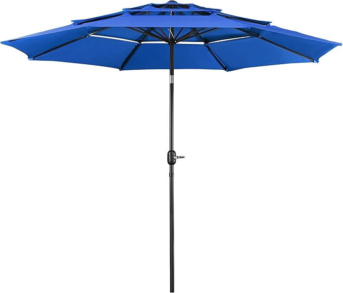 Yaheetech 3 Tier Patio Umbrella 10ft Vented Outdoor Large Market Table Umbrella with 8 Sturdy Ribs and 1.5" Umbrellla Pole, Double-layer Cloth & Push-button Tilting & Crank for Pool/Garden/Lawn Blue by Yaheetech
