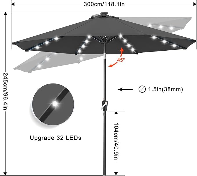ABCCANOPY 10FT Durable Solar Led Patio Umbrellas with 32LED Lights (Dark Gray) - Image 3