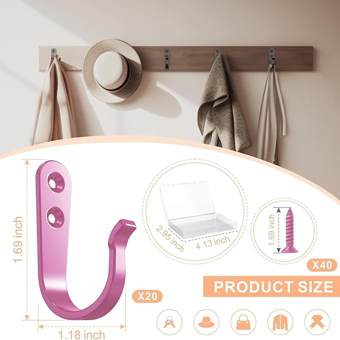 20PCS Pink Heavy Duty Single Prong Metal Wall Hooks - Image 4