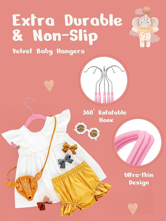 HOUSE DAY 11 Inch Velvet Baby Hangers 50 Pack Lt-Pink, Premium Kids Hangers - Image 5