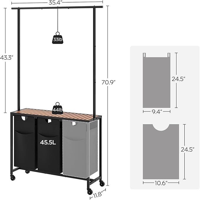 Laundry Sorter 3 Section, Rolling Laundry Hamper - Image 8