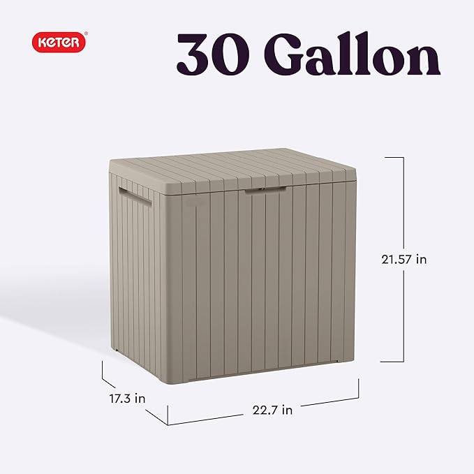 Keter City 30 Gallon Resin Outdoor Storage Box & Patio Side Table for Balcony, Pool, Deck & Garden Accessories, Weather‑Resistant, Beige - Image 2