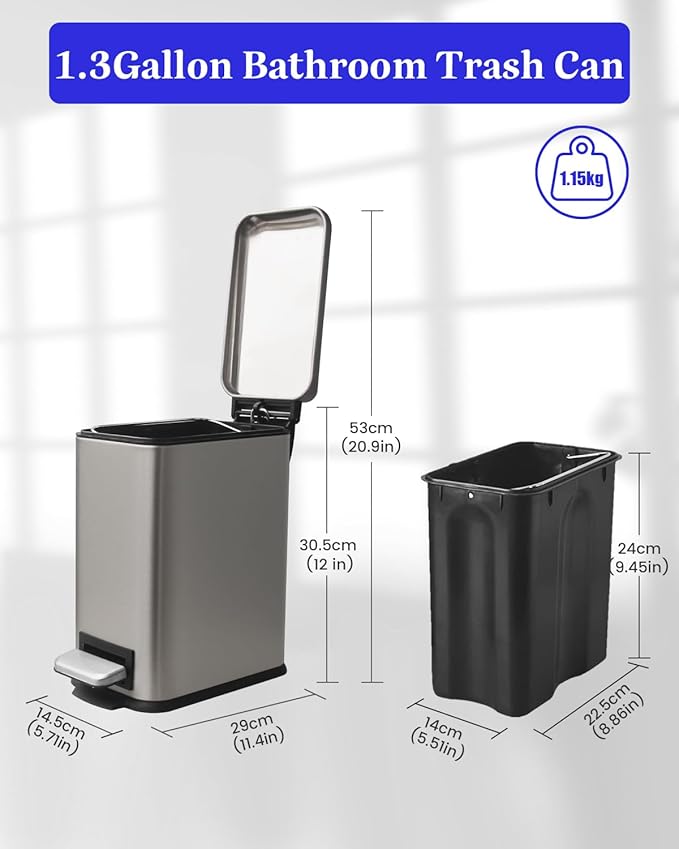 Bathroom Trash Can with Lid，5 Liter / 1.3 Gallon Small Trash Can with Removable - Image 5
