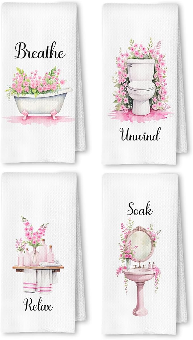 Farmhouse Pink Botanical Bathroom Hand Towels, Relax Breathe Soak Unwind by Unknown