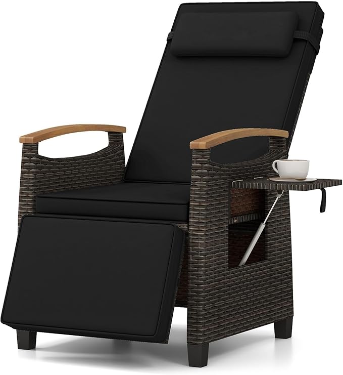 RELAX4LIFE Rattan Outdoor Recliner Chair - Wicker Chaise Lounge Chair w/Adjustable Back & Footrest, Acacia Wood Armrests, Flip Side Table, Cushion, Reclining Patio Chair for Pool Yard (1, Black) by RELAX4LIFE