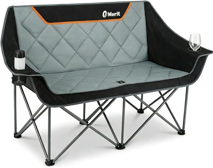 EMERIT Oversized Fully Padded Camping Chair, Heavy Duty 650LB Folding Camping Loveseat, Quad Fold Double Camping Couch with Cup Holders & Carry Bag for Outdoor, Lawn, Sports Events | HIgh Back, Rip resistance, Extra Wide Design, Cross-bracing Hubs, Eas... by eMERIT