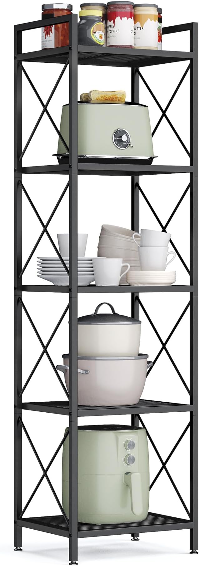 SONGMICS 5-Tier Metal Storage Rack, Shelving Unit with X Side Frames, Dense Mesh, 12.6 x 15.7 x 57.3 Inches, for Entryway, Kitchen, Living Room, Bathroom, Industrial Style, Ink Black UBSC145B01 by SONGMICSbySONGMICSHOME