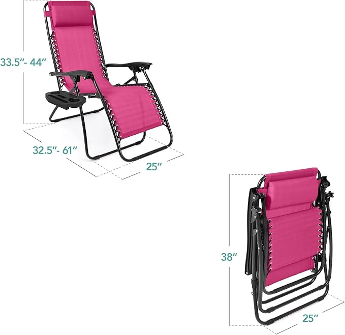 Best Choice Products Set of 2 Adjustable Steel Mesh Zero Gravity Lounge Chair Recliners w/Pillows and Cup Holder Trays - Hot Pink/Black - Image 2