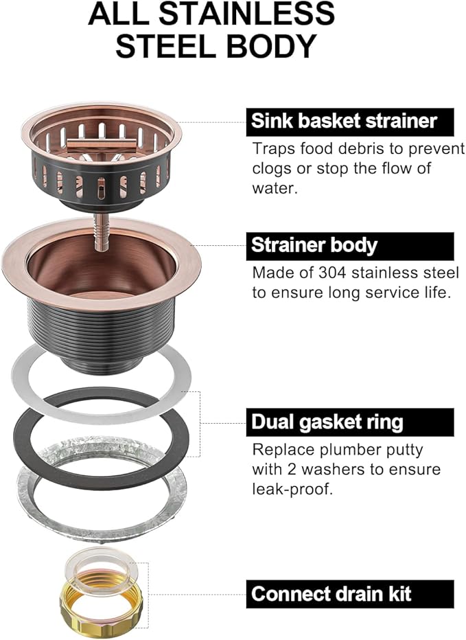 BOTEMY B9171 Copper Kitchen Sink Drain Kit 3 1/2 Sink Strainer - Image 5