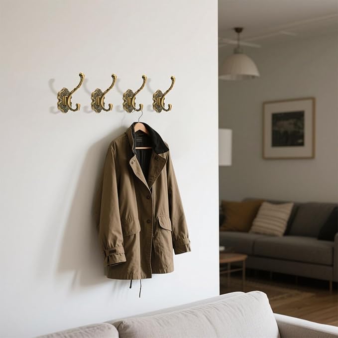 Peohud 4 Pack Vintage Coat Hooks, Antique Brass Wall Hook - Image 7