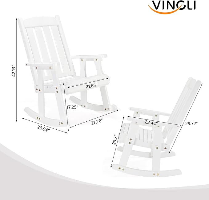 VINGLI Outdoor Rocking Chair Set of 2, Heavy Duty 600 LBS Wooden Rocking Chair with Comfortable Backrest, Weatherproof Rocker with Ergonomic Design, Suit for Patio, Garden, Yard, White - Image 3
