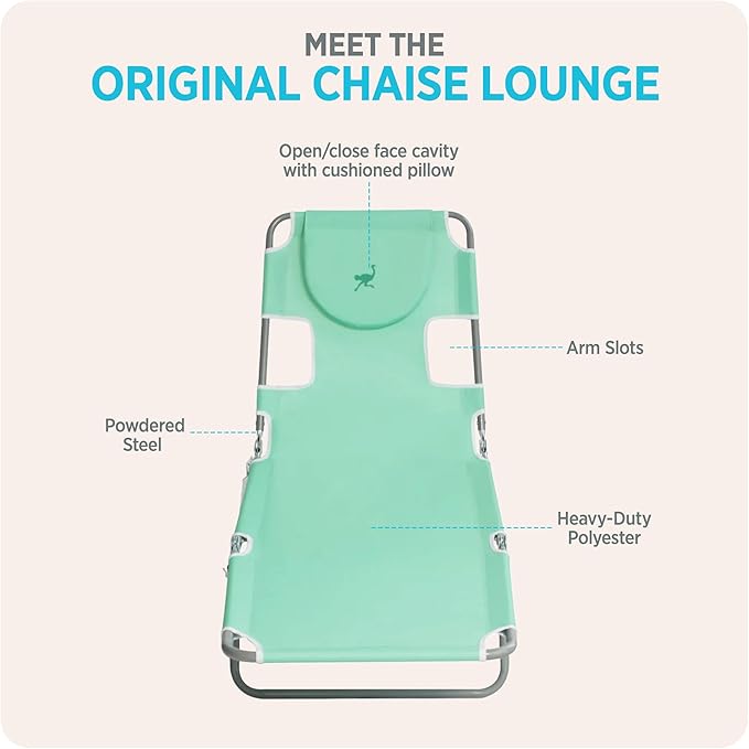 Ostrich 4-Position Outdoor Chaise Lounge w/Face Cushion & Arm Holes, Teal - Lightweight Folding Lounger w/Adjustable Reclining Backrest, Portable w/Carry Strap, 250 lb Weight Capacity - Image 6