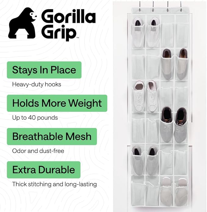 GORILLA GRIP Over the Door Shoe Organizer, 2 Pack, 24 Breathable Mesh Pockets - Image 2
