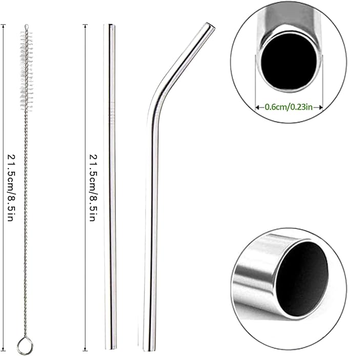 16 Pack of Reusable Stainless Steel Metal Straws, 8 Straight + 8 Bent 8.5 inch - Image 2