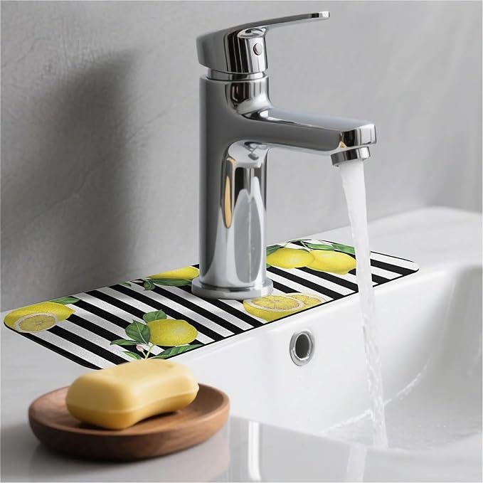 Kitchen Sink Splash Guard，Lemon-and stripes Faucet Mat Sink Gadgets-Super - Image 2