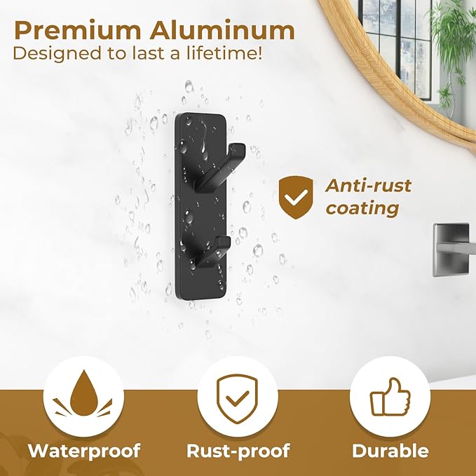 Black 6 Pack Aluminum Coat Hooks, Heavy Duty Self Adhesive Hooks - Image 4