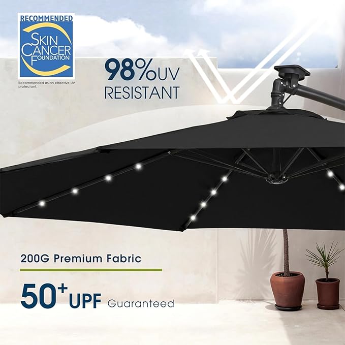 wikiwiki 10ft Solar LED Patio Umbrella with Base Included, Offset Umbrella with Weighted Sandbag Base, Cantilever Patio Umbrellas for Backyard, Garden & Deck, 32 LED Lights & Polyester Shade, Black - Image 4