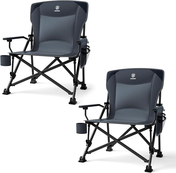 EVER ADVANCED Oversized Folding Camping Chair for Adults, Heavy Duty Lawn Chair with Side Pockets, Portable Collapsible Quad Chair for Outside, Support Up to 500lbs, Grey 2PACK by EVERADVANCED
