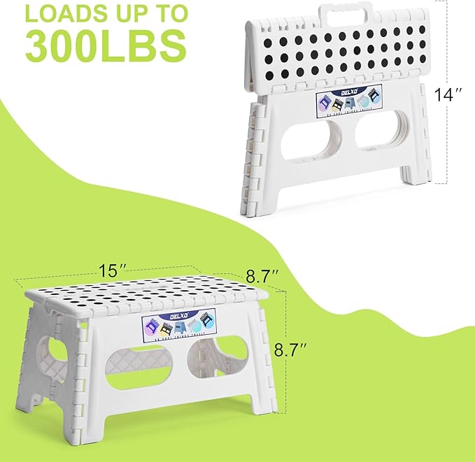 Delxo 9 Inch Folding Step Stool for Kids and Adults,15-Inch Extra Wide Height Large Platform Heavy Duty Stepping Stool More Safe and Comfortable Non Slip Foldable Step Stool White - Image 5