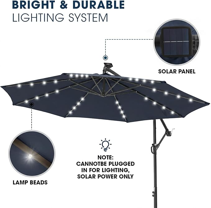 wikiwiki 10ft Solar LED Patio Umbrella with Base Included, Offset Umbrella with Weighted Sandbag Base, Cantilever Patio Umbrella for Backyard, Garden & Deck, 32 LED Lights & Polyester Shade, Navy Blue - Image 3