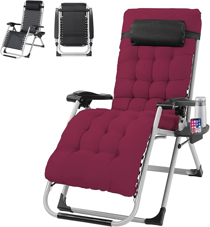 VINGLI Padded Zero Gravity Chair, Lounge Chair with Removable Cushion & Tray， Folding Reclining Patio Chairs， Recliner Chair for Lawn，Indoor Outdoor-Red by VINGLI