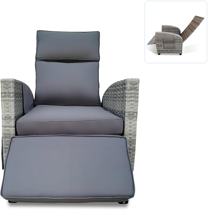 Wicker Outdoor Recliner | 145° Wicker Patio Reclining Chair with 4" Cushion | Air Pump Adjustable Backrest & Footrest, Flip-up Table & Side Pocket for Yard Patio Porch (Gray) - Image 9