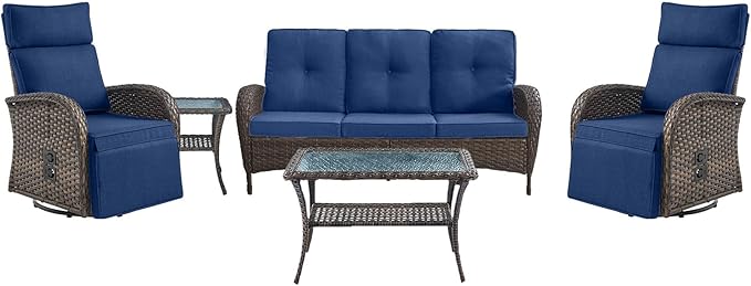 Belord 5 Piece Patio Furniture Set with Swivel Recliner Chair - Outdoor Patio Couch Set, Chaise Lounge Chair Outdoor with Adjustable Backrest and Footrest and Coffee Table for Casual Gathering by Belord