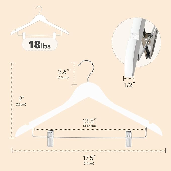 HOUSE DAY Wooden Hangers with Clips 12 Pack, Heavy Duty White Wood Pants Hanger - Image 3